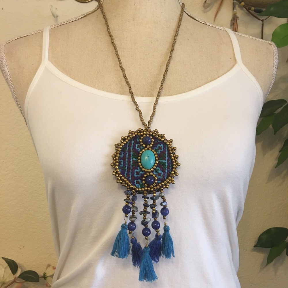 Handcrafted beaded medallion tassel necklace